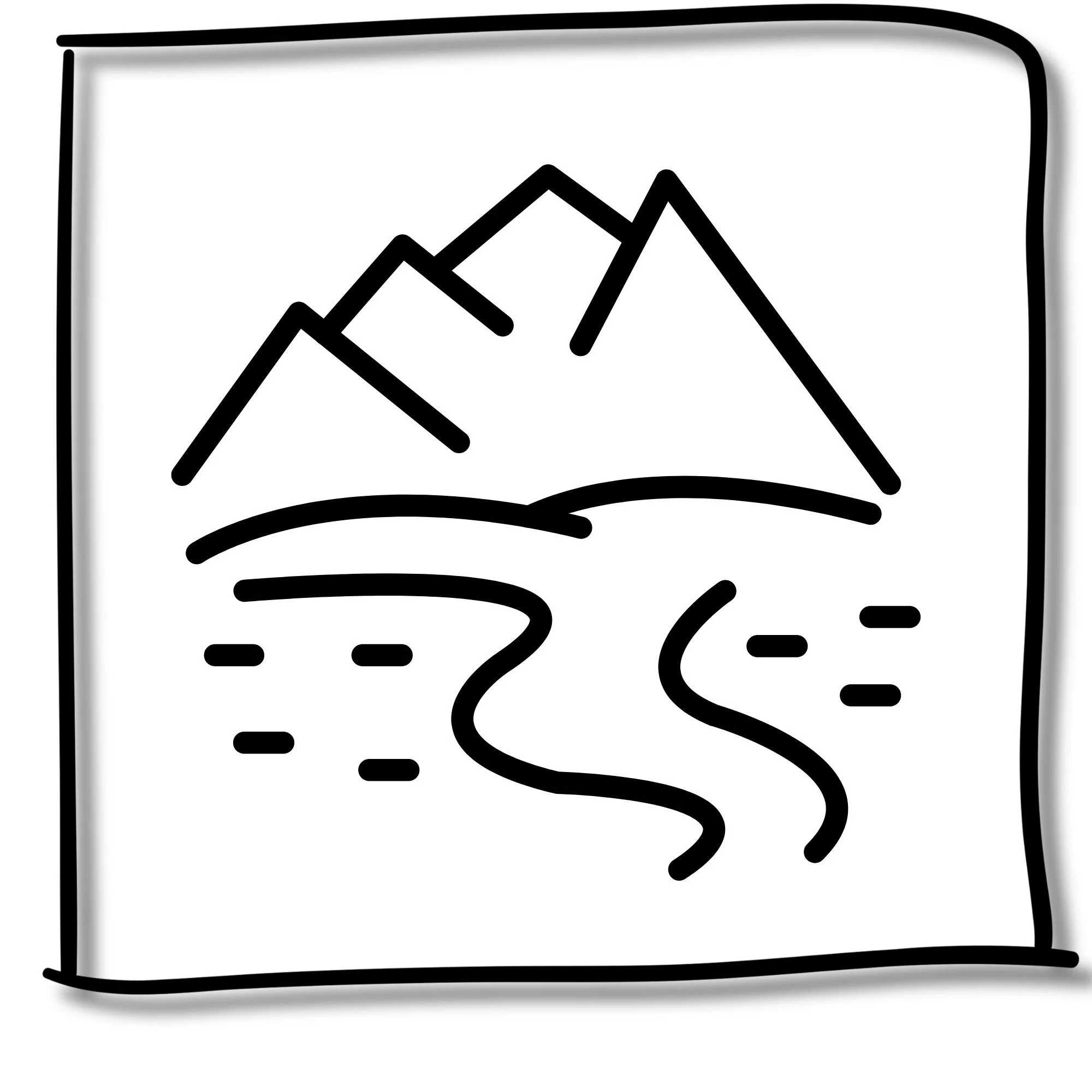 A simple black and white illustration of a book with a mountain range on the page.