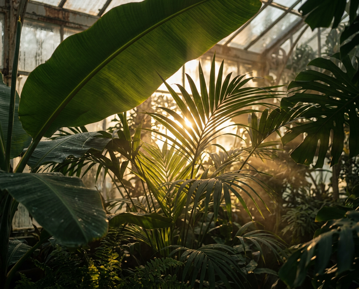Sunlight streams through the tropical plants inside a greenhouse, highlighting large green leaves of various plants.