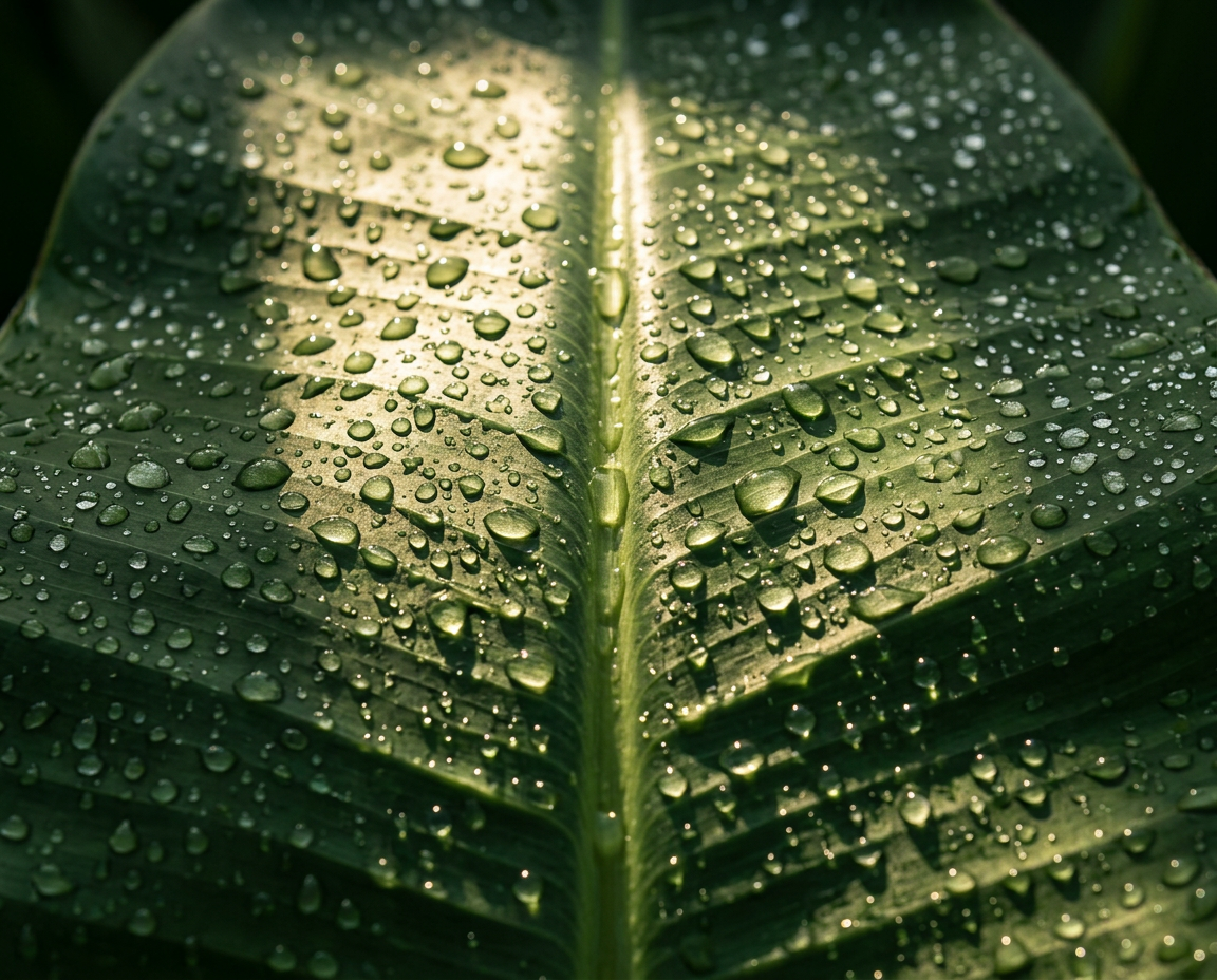 Close-up of a green leaf with water droplets on its surface