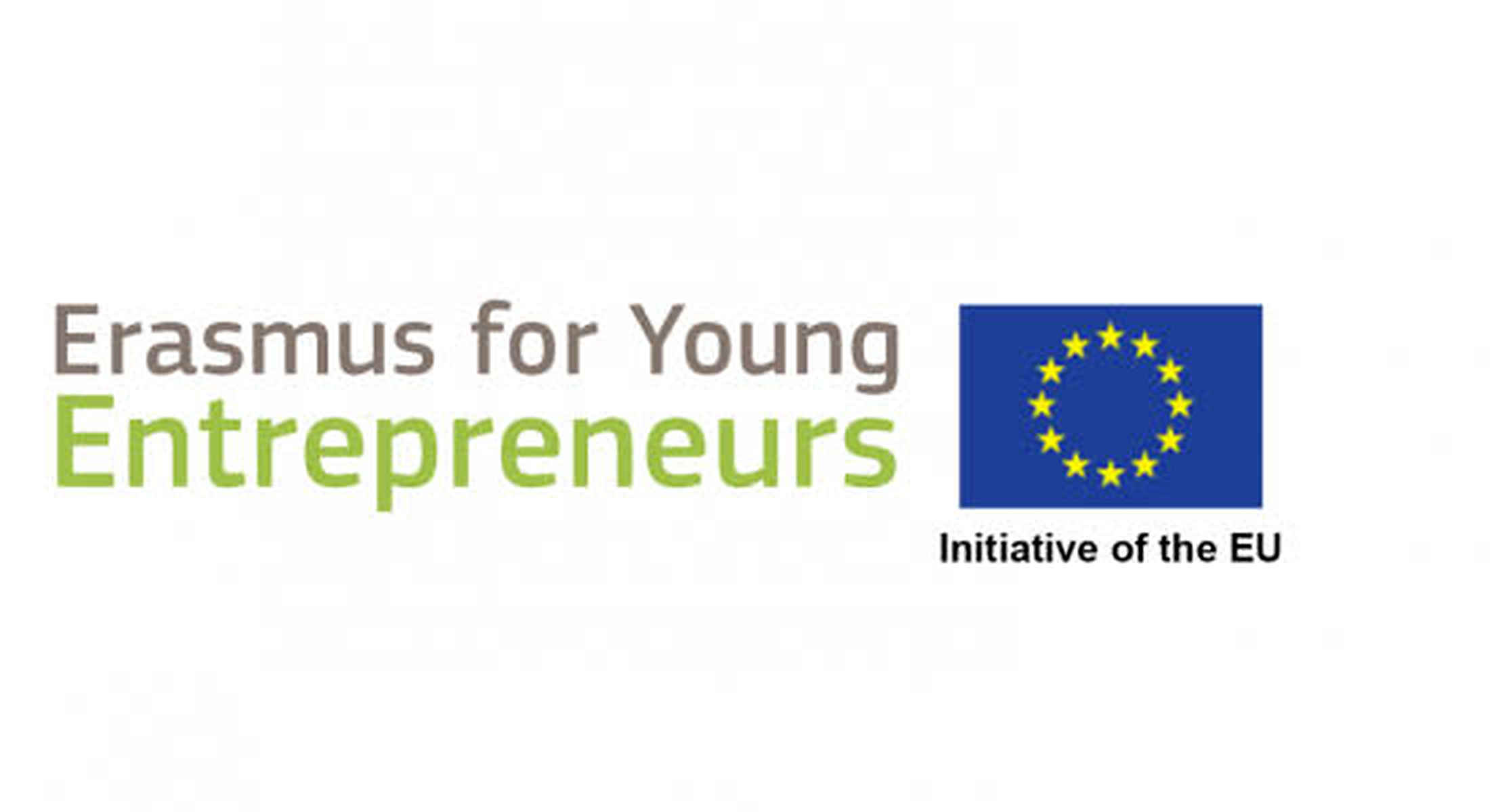 Logo for Erasmus for Young Entrepreneurs, an initiative of the EU, featuring the EU flag with yellow stars in a circle on a blue background, and text in brown and green reading 'Erasmus for Young Entrepreneurs'.