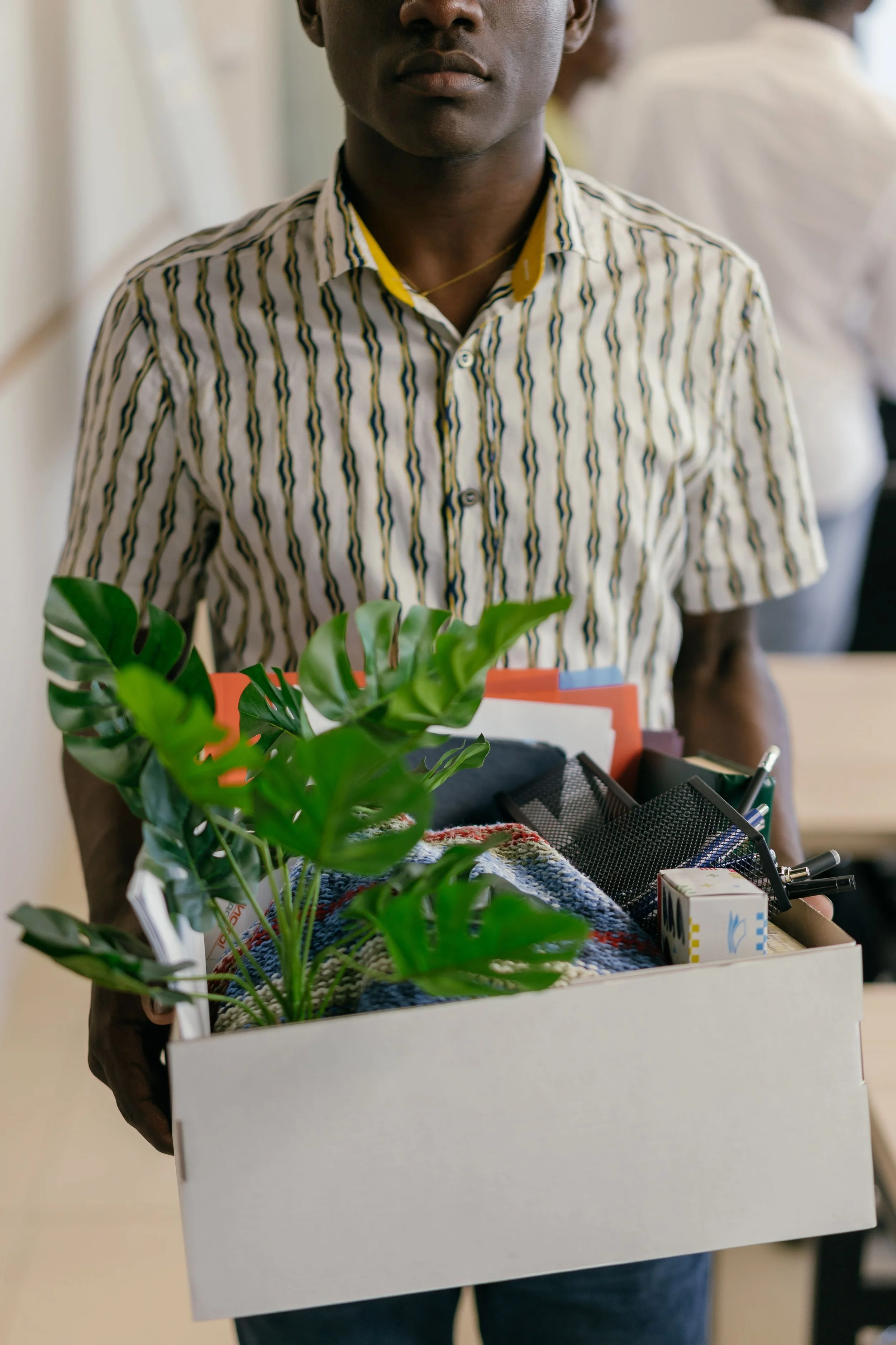 A person holding a white box with a potted plant, some small boxes, and stationery items inside.