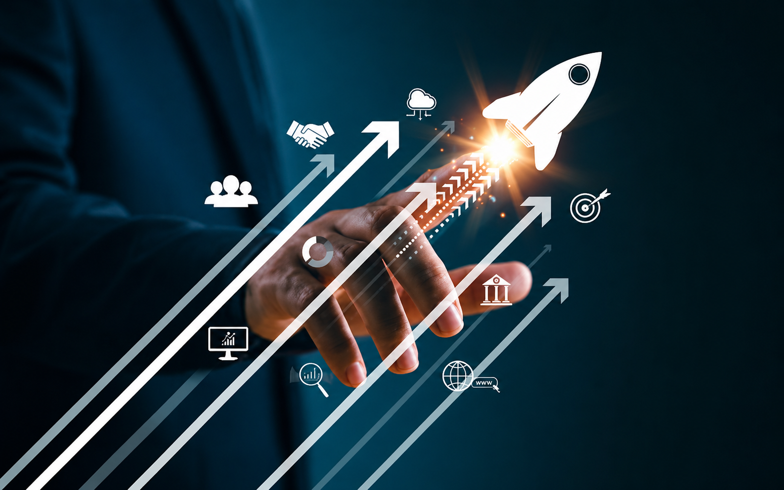 A person's hand pointing with a finger at a rocket icon, with multiple upward arrows and various technology and growth-related icons around it.