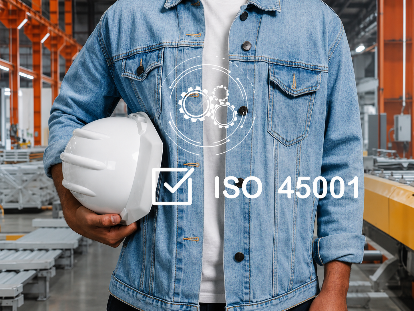 Person wearing denim jacket holding a white safety helmet in an industrial warehouse with shelving and equipment in the background. Overlay of ISO 45001 certification icon and gear graphics.