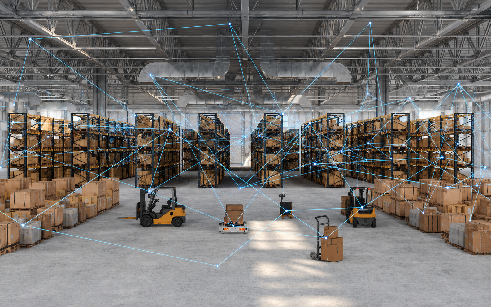 A large warehouse with steel shelves filled with boxes, forklifts, and smart devices connected by digital blue lines representing an interconnected logistics system.