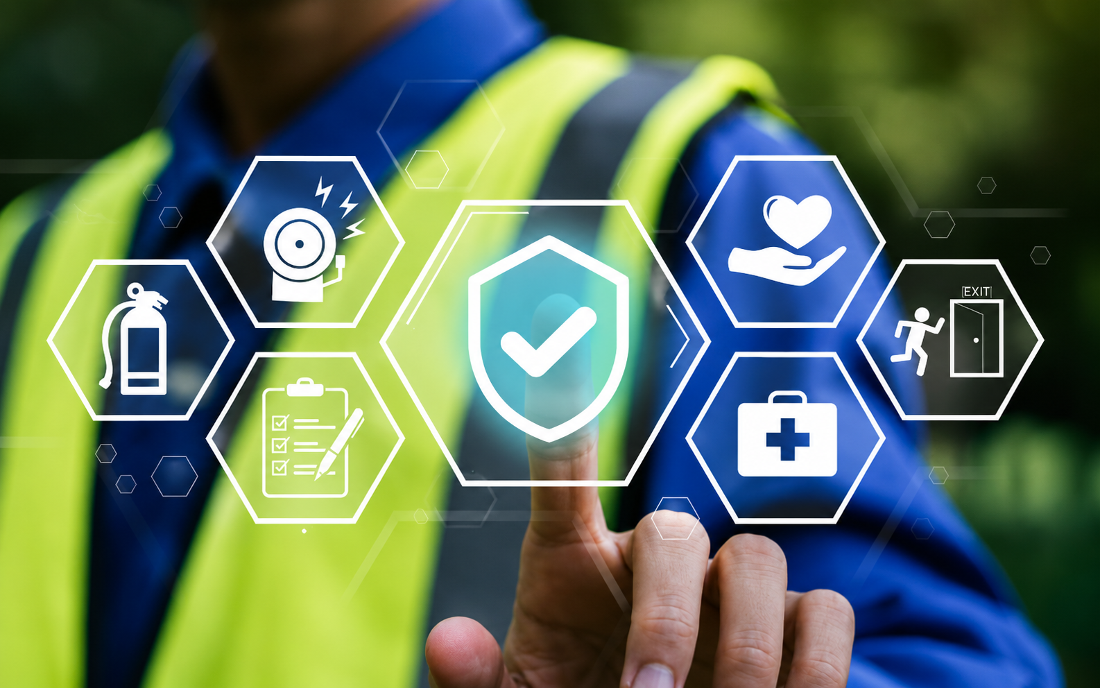 Person in safety vest touching a virtual shield icon with a check mark, surrounded by icons of a fire extinguisher, siren, clipboard, heart in hand, first aid kit, running exit door, and medical cross, outdoors.