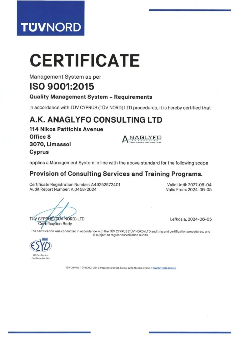 Certificate from TUV Nord certifying that A.K. Analyfo Consulting Ltd has a management system compliant with ISO 9001:2015, for providing consulting services and training programs, issued in Cyprus, valid until June 4, 2027.