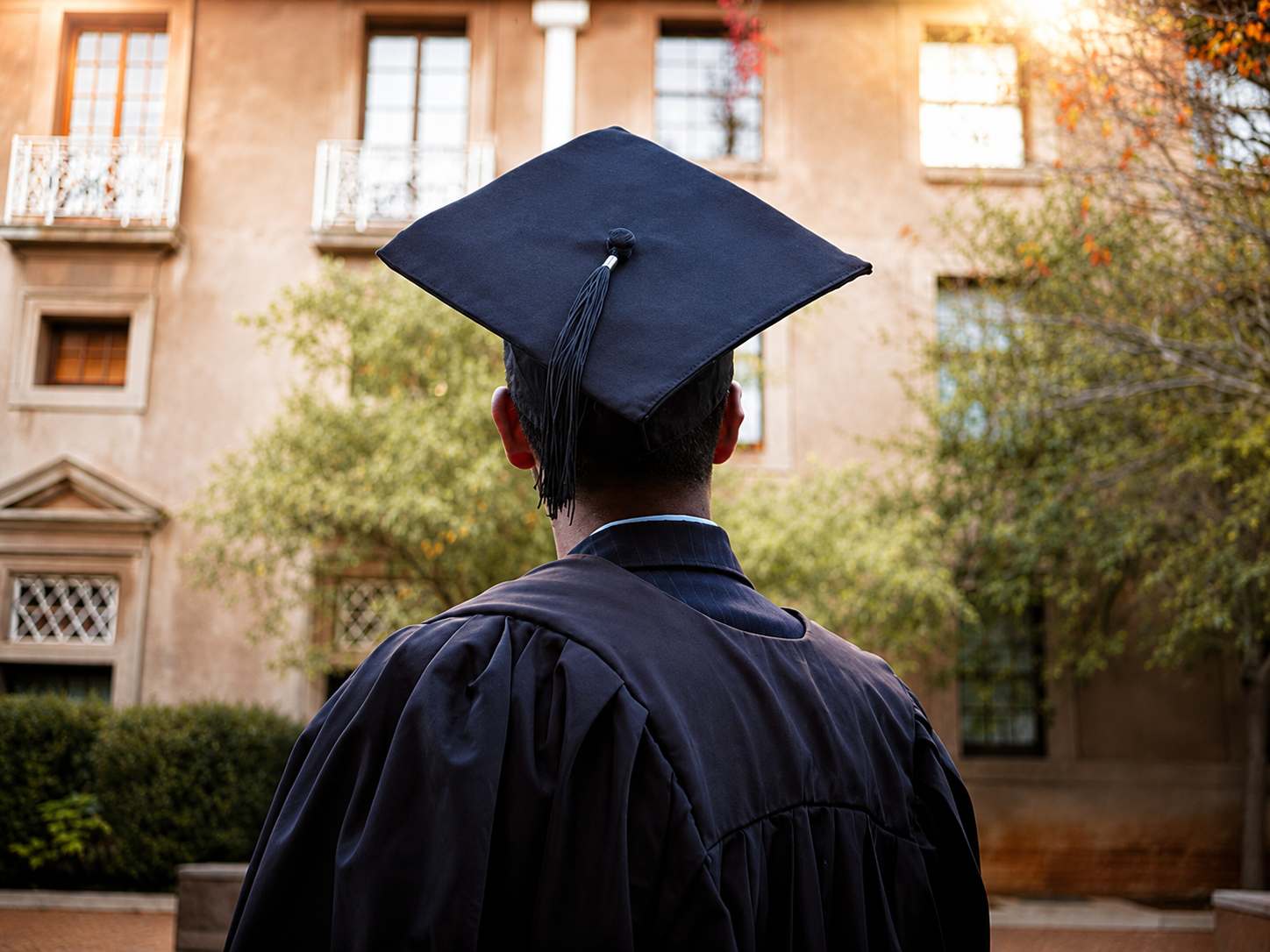 Back of a person wearing a graduation cap and gown, facing a university building with trees in the background.