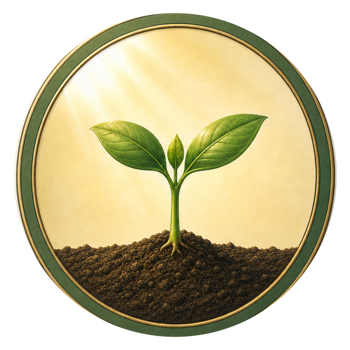 Illustration of a young plant sprouting from soil inside a circular frame.