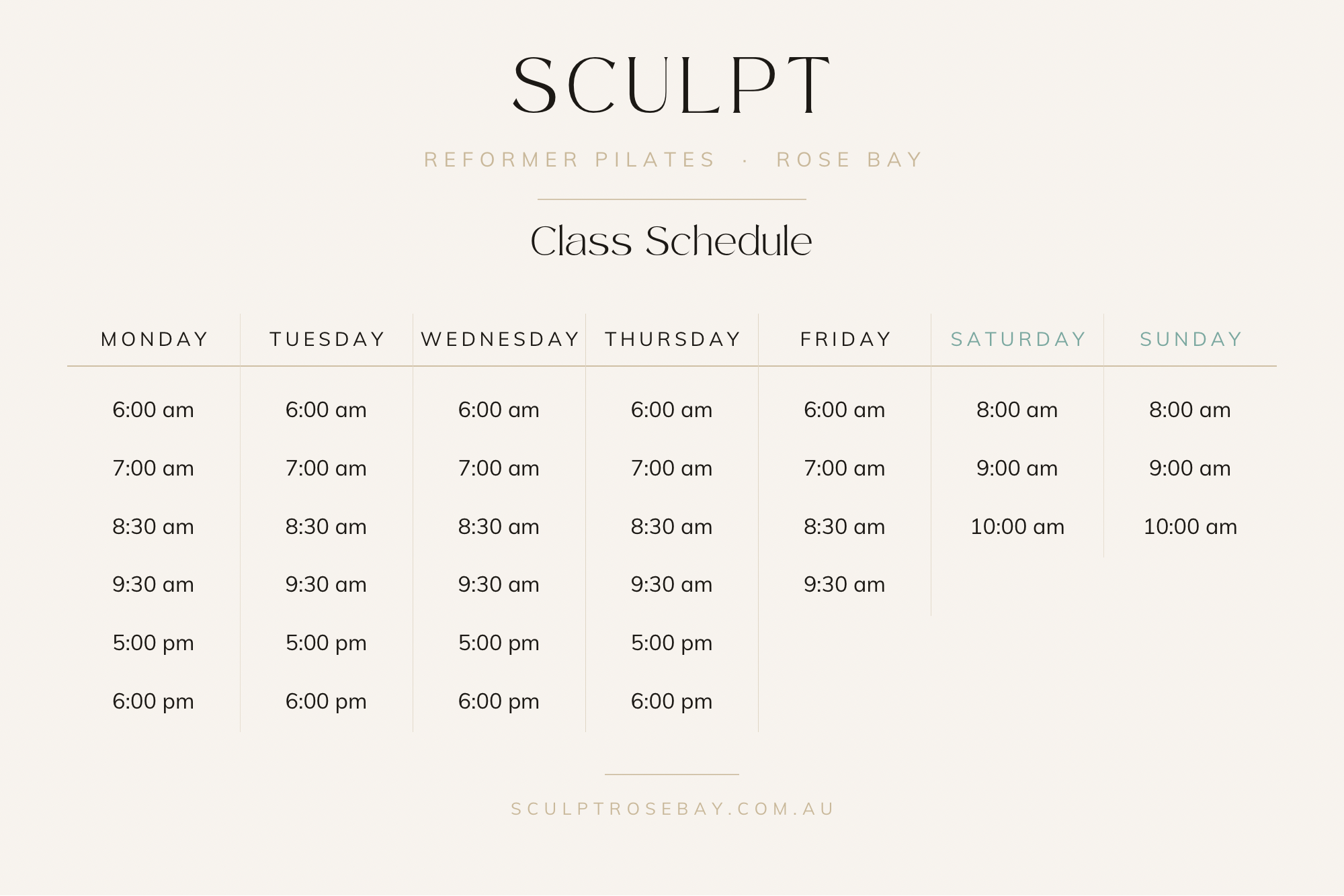 Class schedule for Sculpt Reformer Pilates in Rose Bay, displayed in a table format with days of the week and class times, including early morning, late morning, and evening sessions.