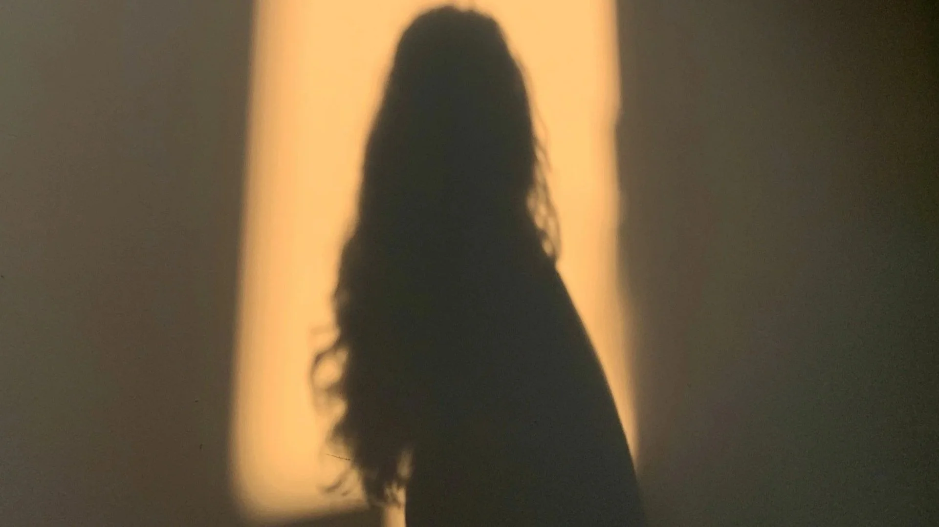 Silhouette d'une femme avec des cheveux longs et bouclés, assise ou debout dans une lumière douce et tamisée.
