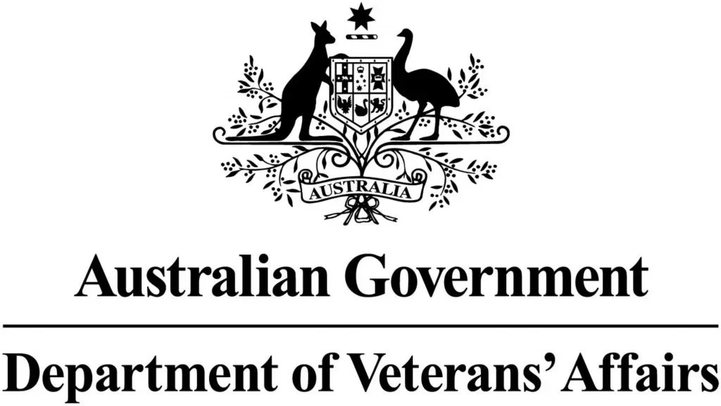 The Australian government emblem featuring a kangaroo and emu on either side of a shield with a star above, with the text "Australian Government" and "Department of Veterans' Affairs" below.