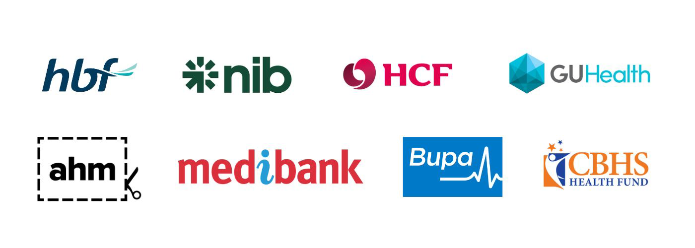 Collection of logos from various healthcare organizations and banks, including hbf, nib, HCF, GUHealth, ahm, medibank, Bupa, CBHS health fund.
