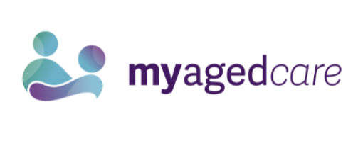 Logo for myagedcare featuring stylized figures of a caregiver and an elderly person, with the text 'myagedcare'.