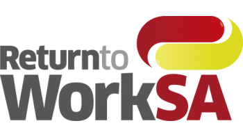 Logo of ReturntoWorkSA with stylized red and yellow design and black, gray, red text.