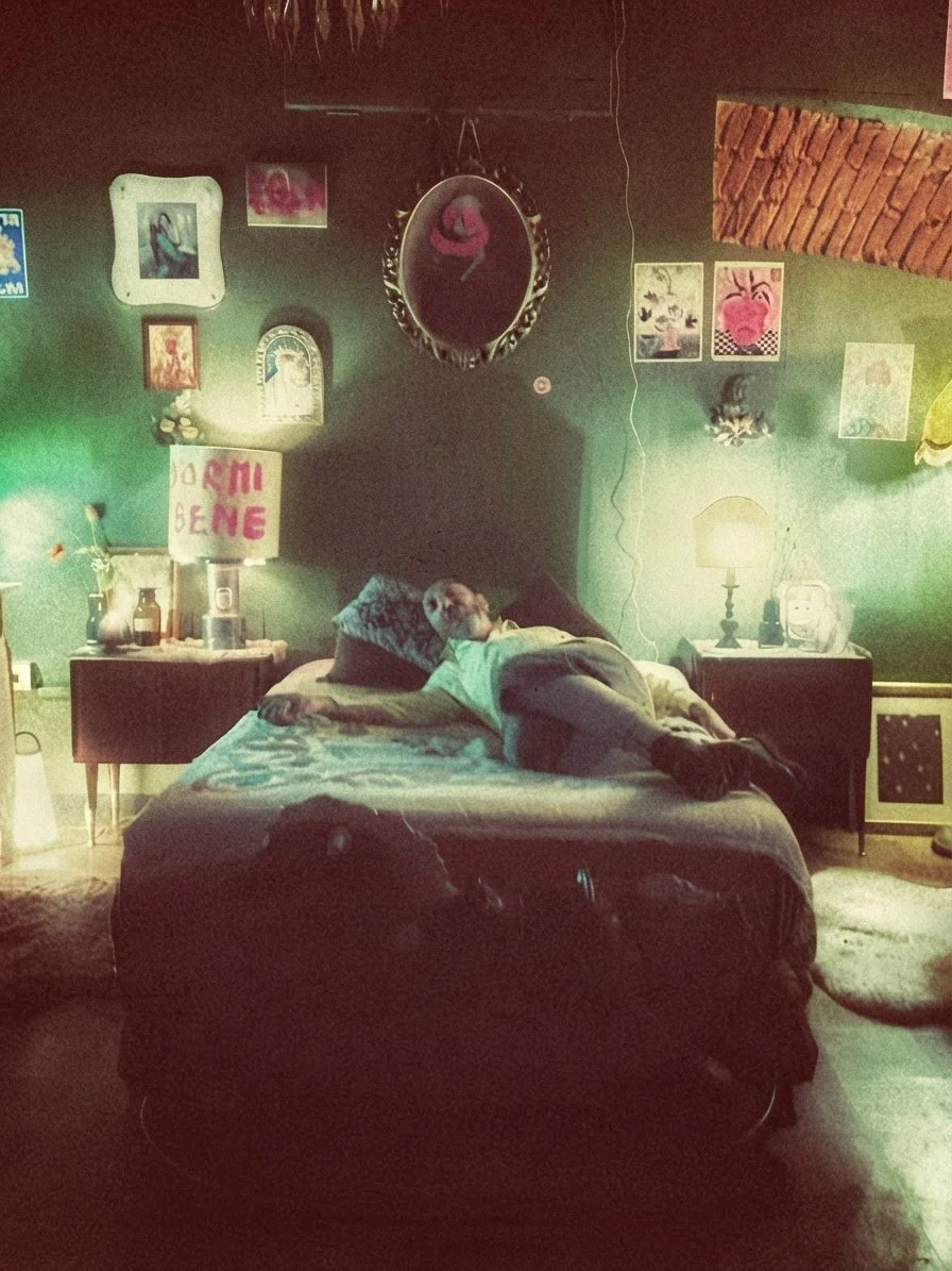 Una persona sdraiata su un letto in una stanza decorata con quadri e specchi, con una lampada sulla scrivania accanto al letto. Casa delle Stelle, ambiente e associazione queer a Brescia