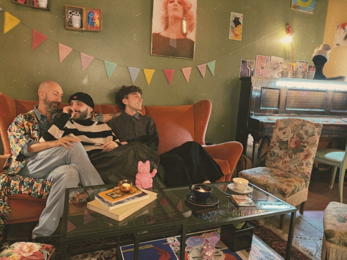 Tre persone sedute su un divano in un'accogliente stanza decorata con festoni colorati, una grande foto di Mina e vari disegni alle pareti. Ci sono una tavola con bicchieri, tazze e libri, e mobili vintage. Casa delle Stelle a Brescia
