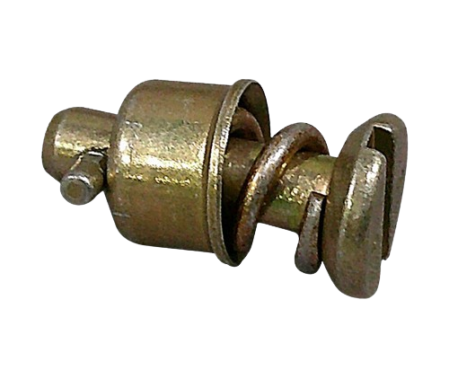 Close-up of a vintage brass door latch with a round handle and latch mechanism.