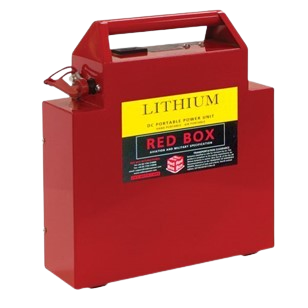 A red lithium-ion battery-powered portable fire extinguisher called the Red Box, with a yellow label and a hose stored in a handle.