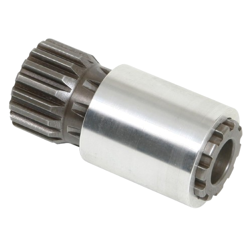 Metal gear with cylindrical body and gear teeth on one end.