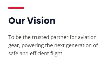 Text on a black background with a red line above that reads 'Our Vision,' describing the company's goal to be a trusted partner for aviation gear and to power the next generation of safe and efficient flight.