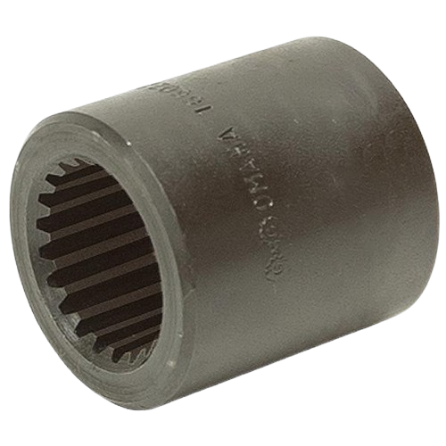 Close-up of a cylindrical metal gear coupling tool with internal teeth.