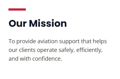 Text that reads "Our Mission" followed by a goal statement about providing aviation support to help clients operate safely, efficiently, and with confidence.