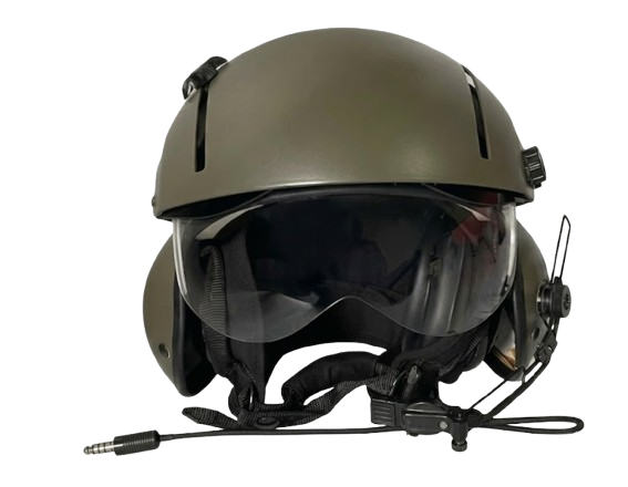 Military helmet with integrated headset and microphone, dark visor, and communication wire.