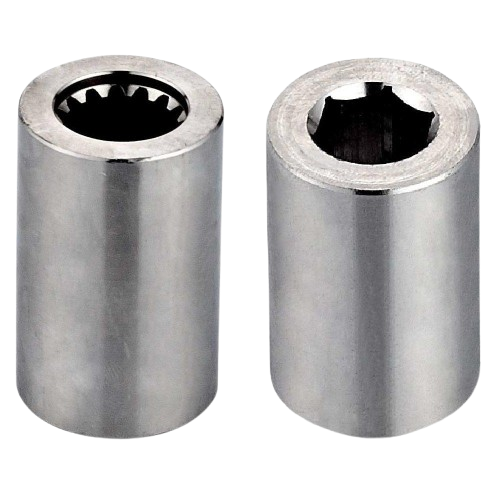Two metal cylindrical bushings with internal star-shaped openings, likely mechanical parts.