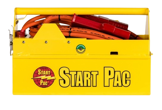 A yellow box labeled "START PAC" holding multiple red electrical wires and connectors.