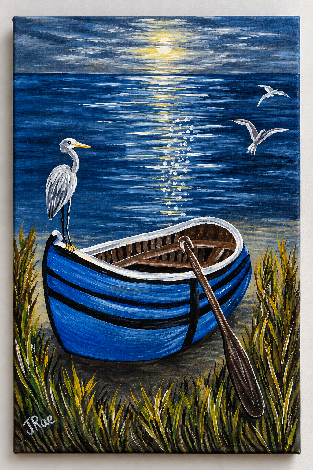 The Quiet Watch – Printable Heron & Blue Rowboat Coastal Art