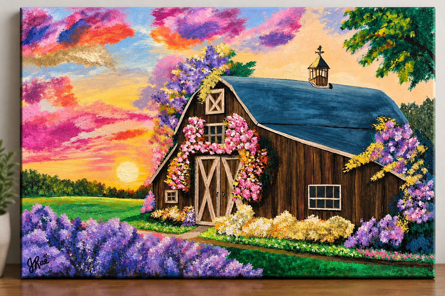 Sunset at the Flowering Barn – Printable Country Barn Art
