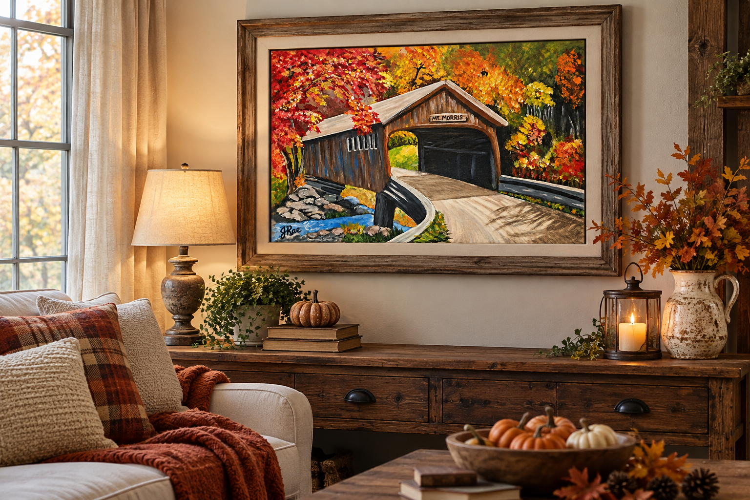 Cozy Autumn Farmhouse with Covered Bridge Painting.png