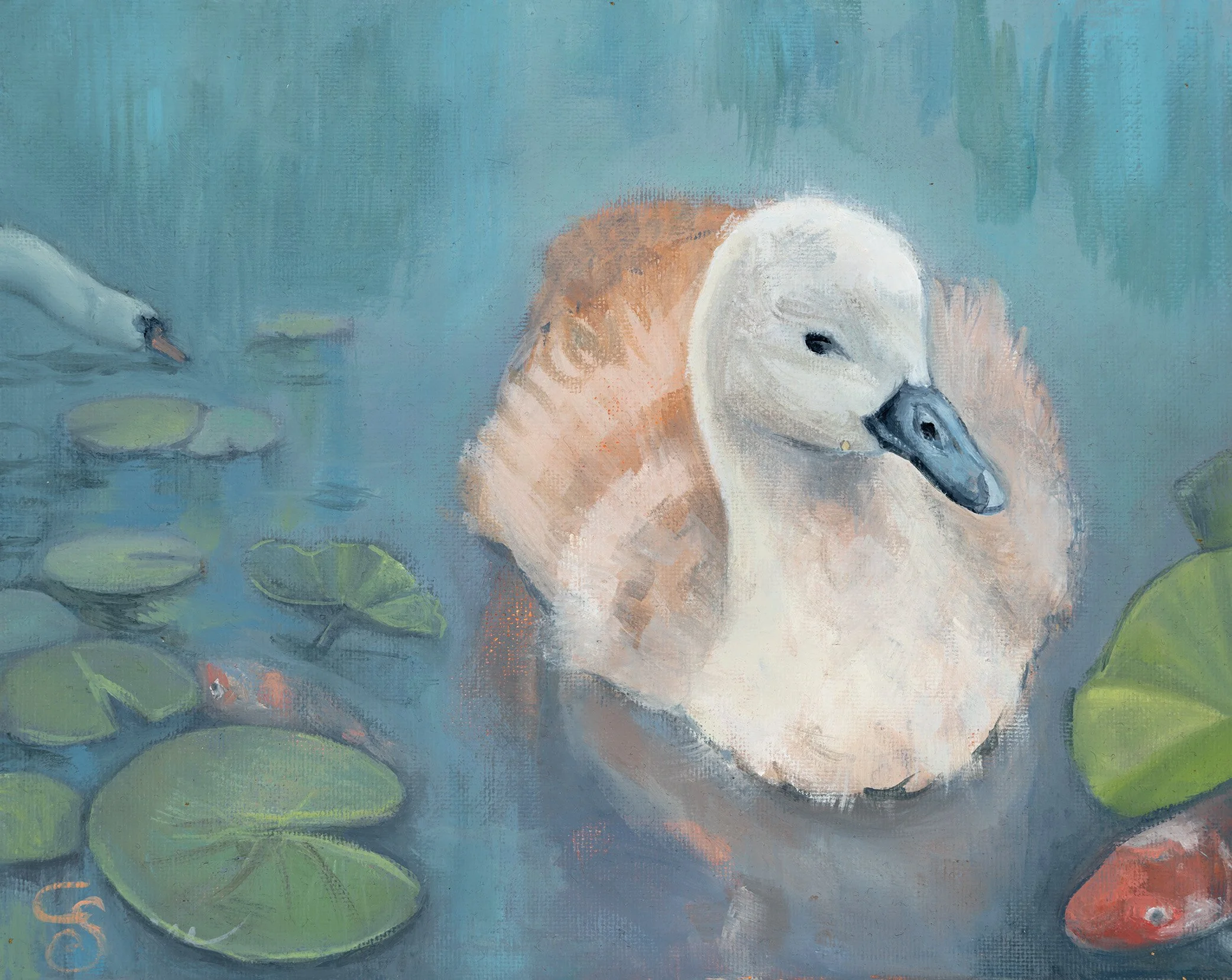 Fine art section showing a swan painting
