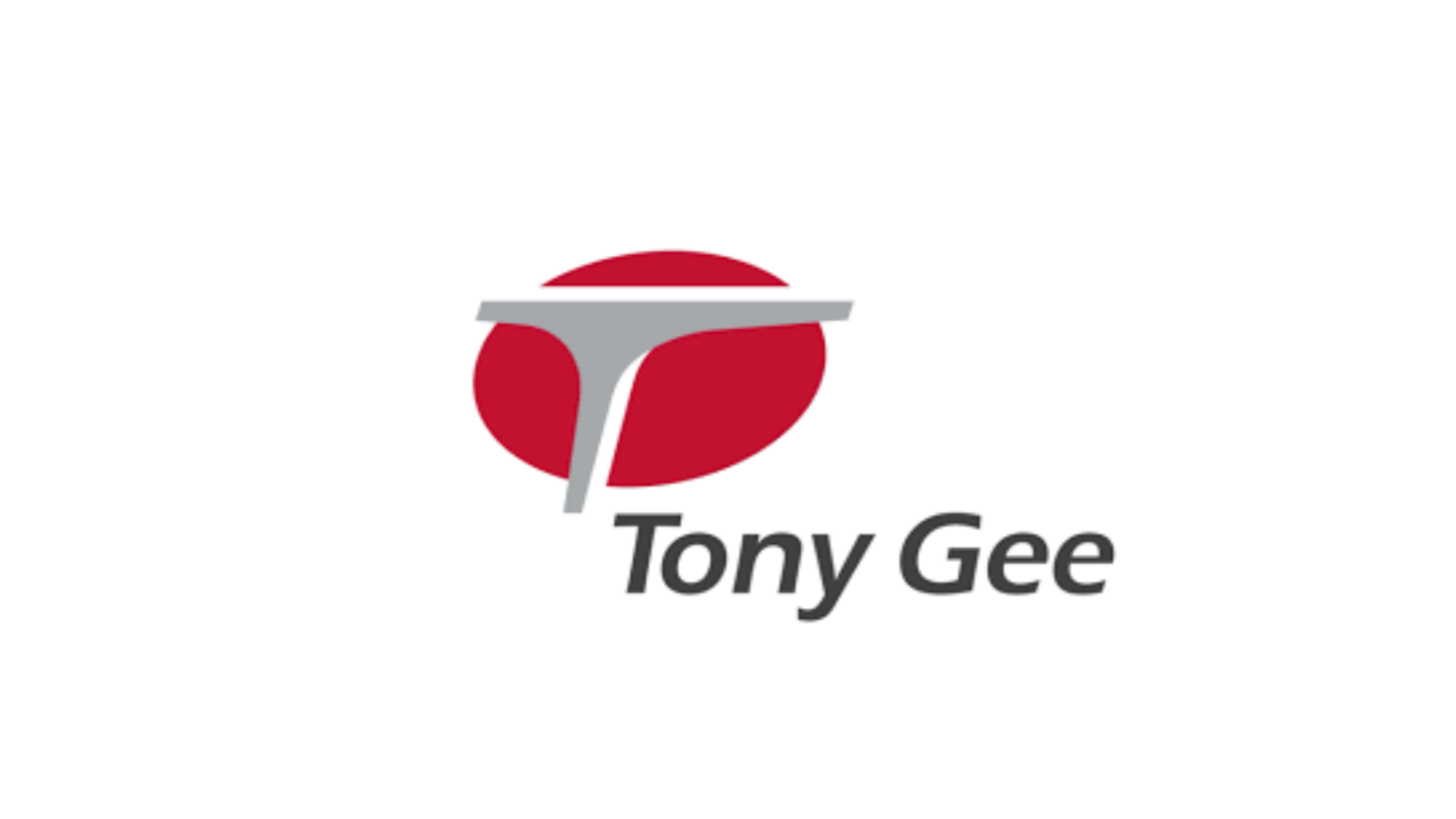 Logo with red and gray abstract design and the text 'Tony Gee'.