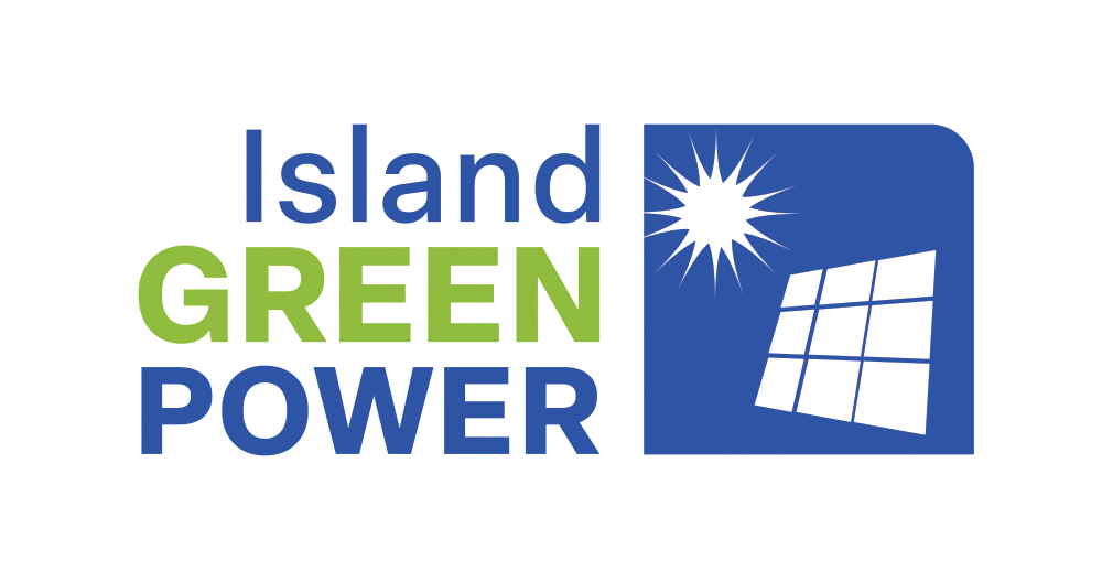 Logo with the words 'Island Green Power' and a graphic of the sun and a window.