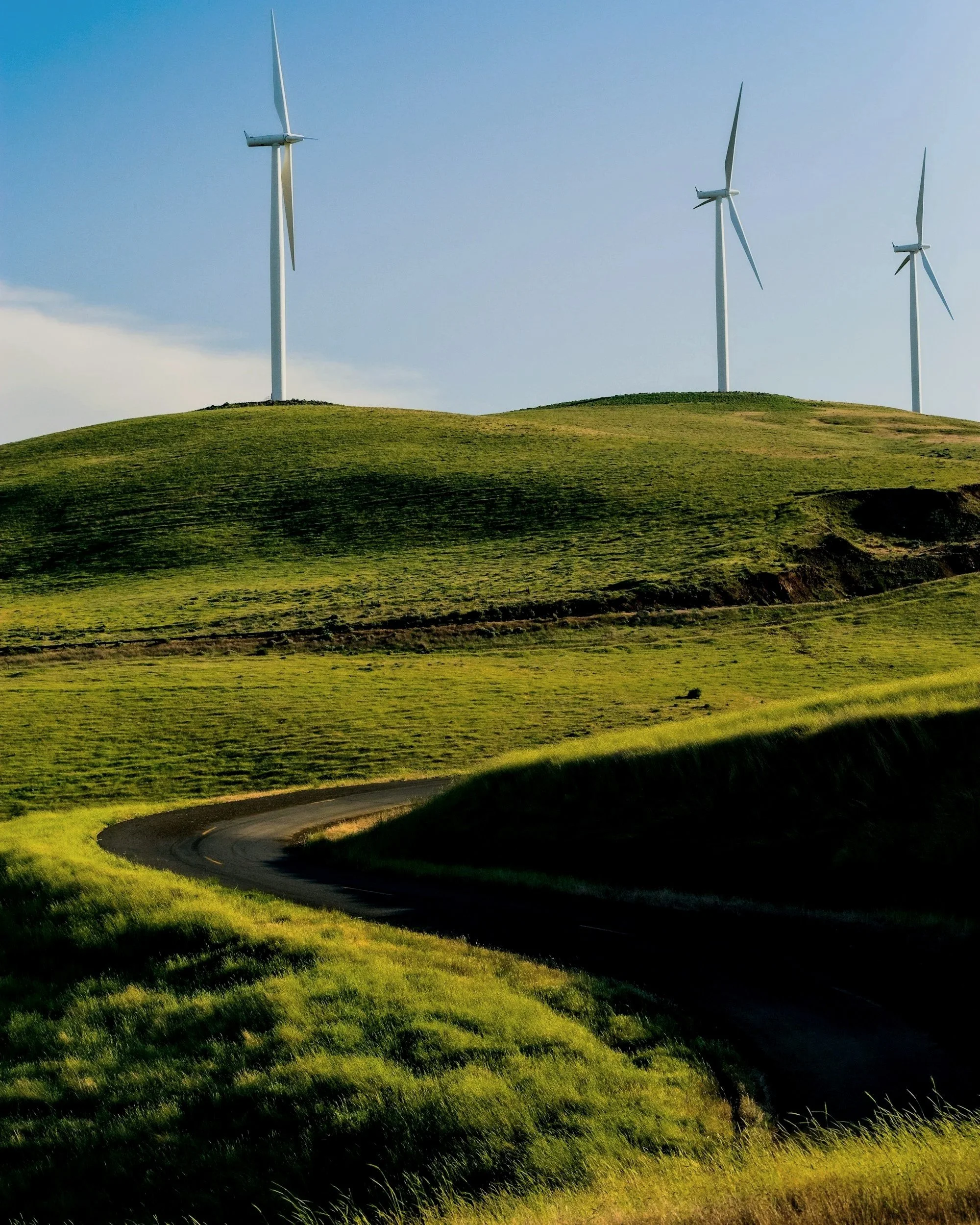 Green rolling hills with a winding road and three wind turbines on top of the hills