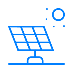 Blue outline of a solar panel with two circles in the top right corner representing the sun or solar energy.