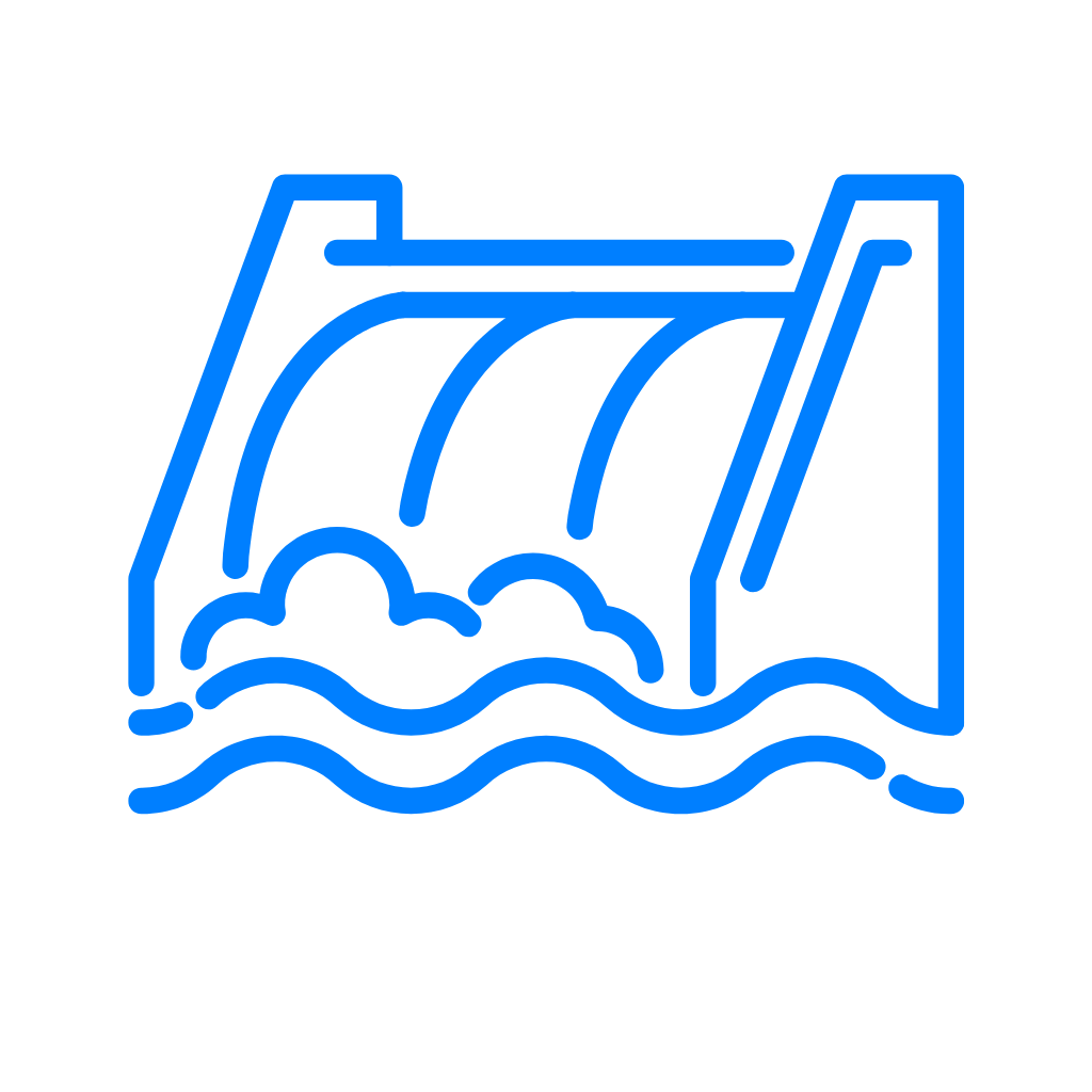 Icon of a dam with water flowing over it.