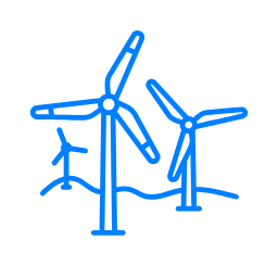 Line drawing of three wind turbines showing blades and towers.