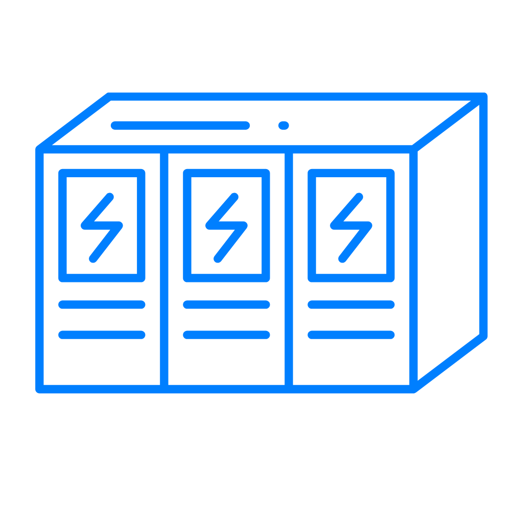 Neon outline of a server rack with three units, each featuring a lightning bolt symbol.