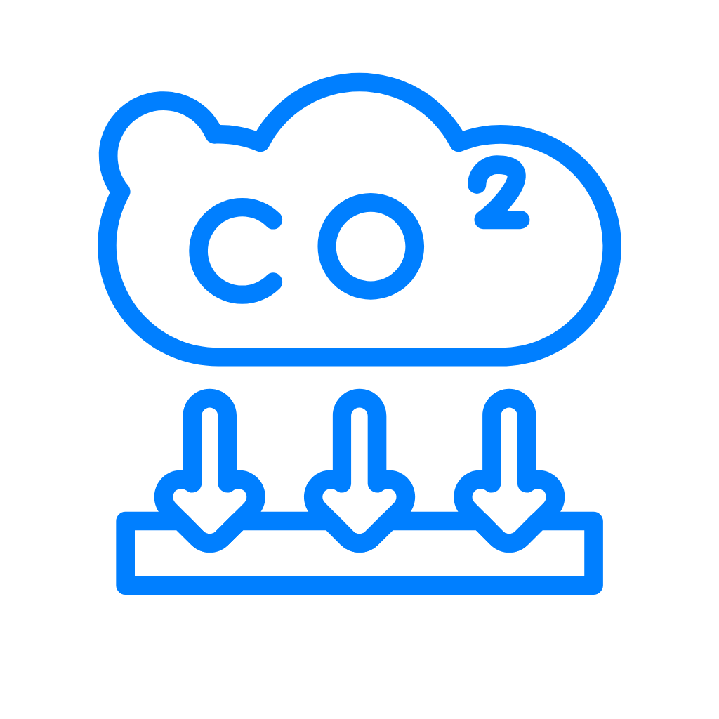 Blue outline of a cloud with 'CO2' written inside, with arrows pointing downward from the cloud to a flat surface, representing carbon dioxide emission or capture.