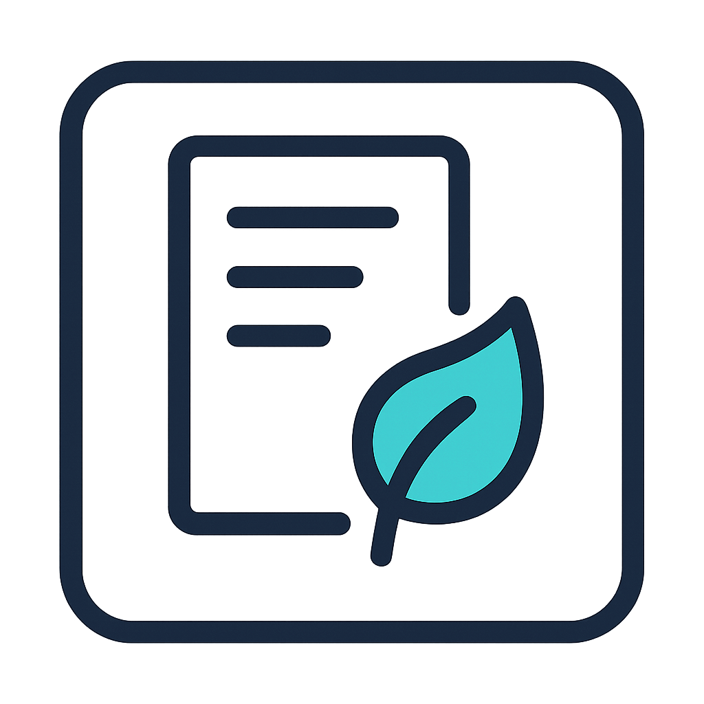 An icon representing a document with a leaf, symbolizing eco-friendly or sustainable content.