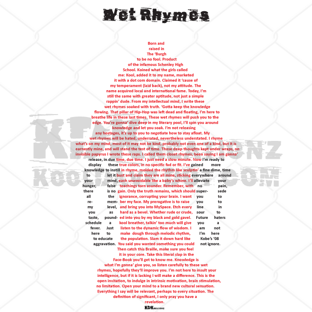 A poem titled "Wet Rhymes" with red text on a white and gray patterned background, discussing themes of knowledge, rhyme, and self-empowerment.