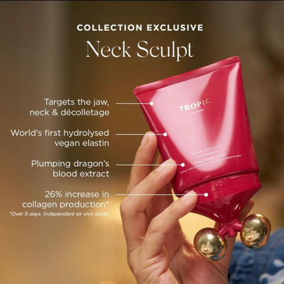 A hand holding a pink bottle labeled 'Neck Sculpt,' with descriptive text highlighting its features, including targeting the jaw, neck, and décolletage, containing vegan elastin, dragon's blood extract, and increasing collagen production.