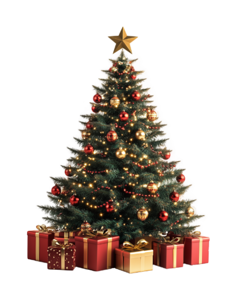 Christmas tree decorated with red and gold ornaments, gold star on top, surrounded by wrapped gifts.