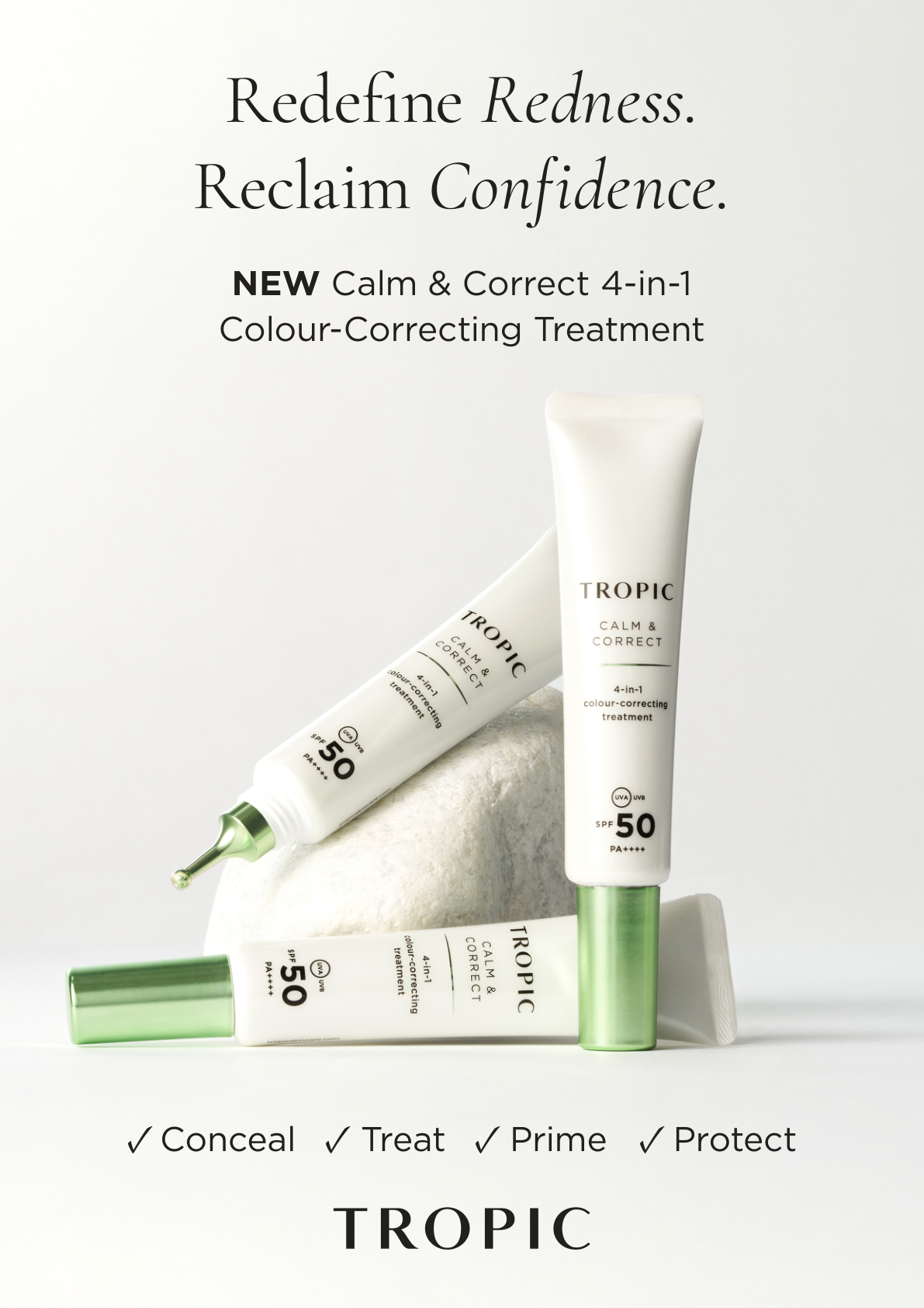 Tropic Calm & Correct 4-in-1 color-correcting treatment sunscreen SPF 50, featuring three tubes of the product with white and green packaging, set against a neutral background with minimal decorative elements.