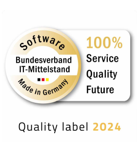 Software-Badge mit deutschem Bundesadler, mit Texten: "Bundesverband IT-Mittelstand", "Made in Germany", "100% Service Qualität Zukunft" und "Qualitätslabel 2024".