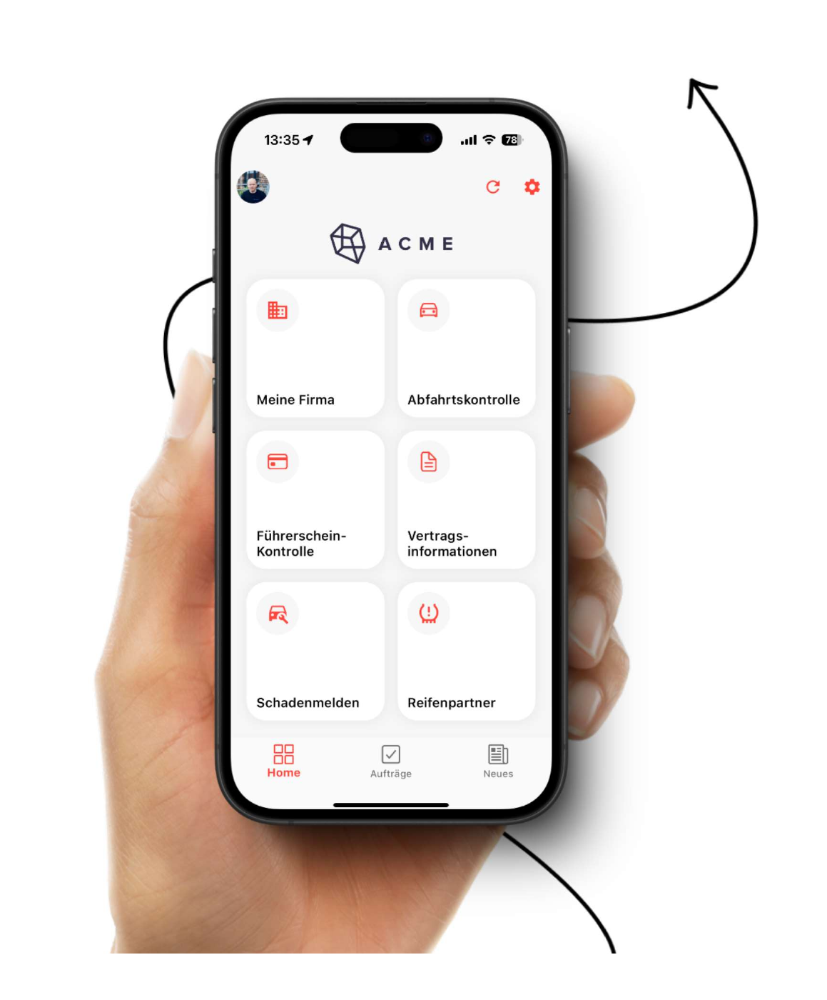 Smartphone zeigt eine App mit verschiedenen Menüoptionen für Firmendokumente und Fahrzeugkontrollberichte, gehalten von einer Hand, mit minimalistischer Illustration im Hintergrund.