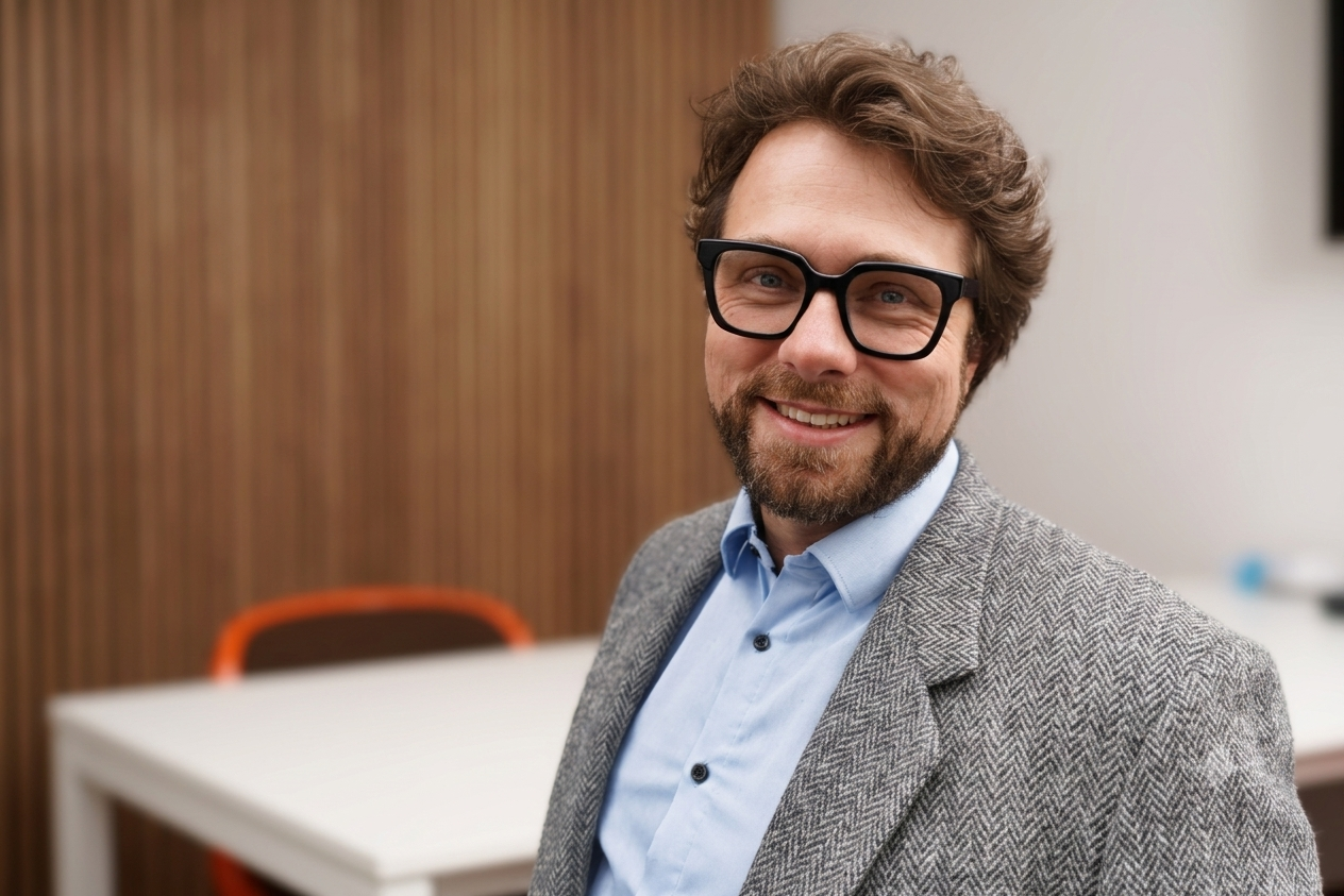 Ein Mann mit Brille, grauem Jackett und blauer Hemd, der lächelnd in einem Büro steht.