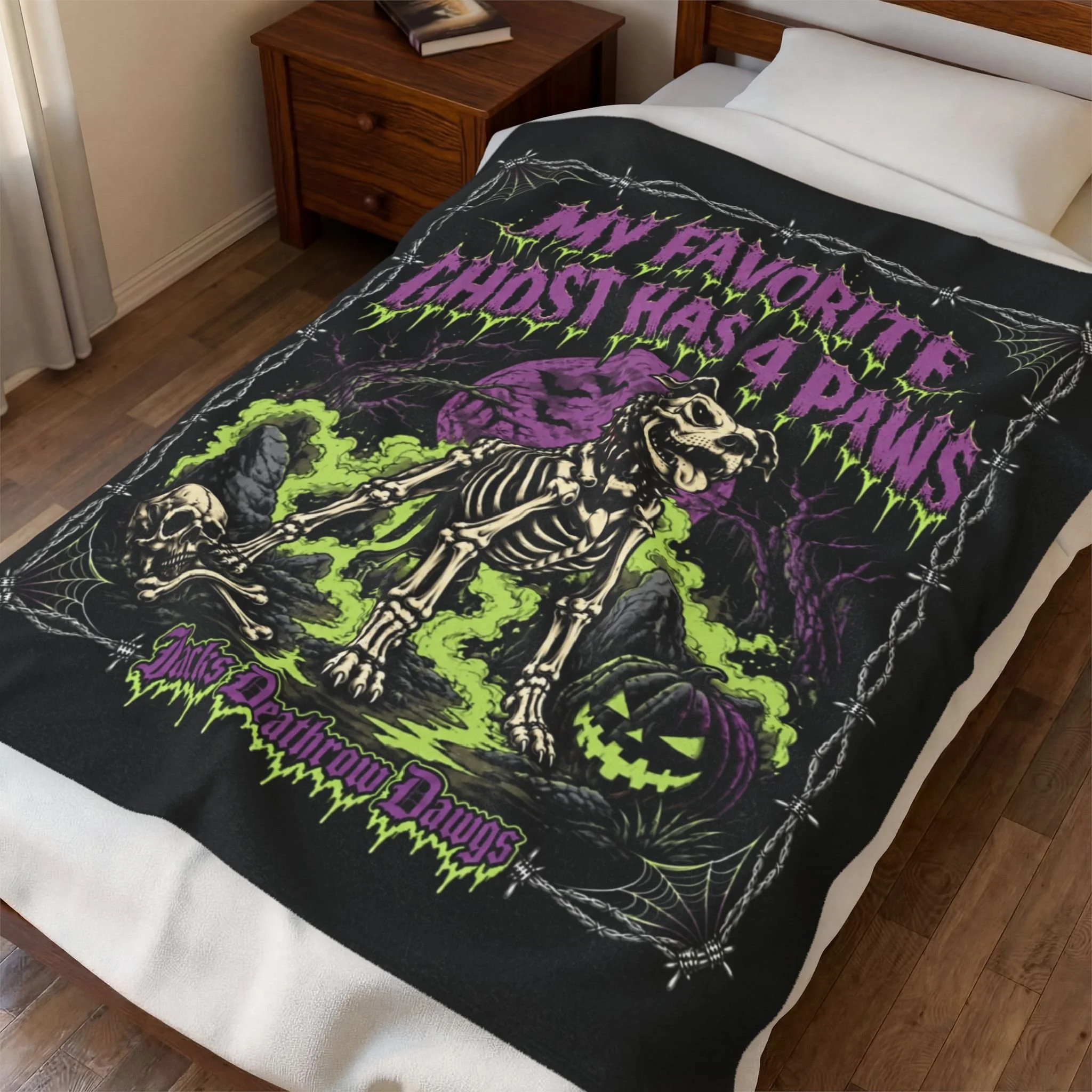 "My Favorite Ghost Has 4 Paws" Halloween Skeleton Dog Plush Blanket 50"x60"